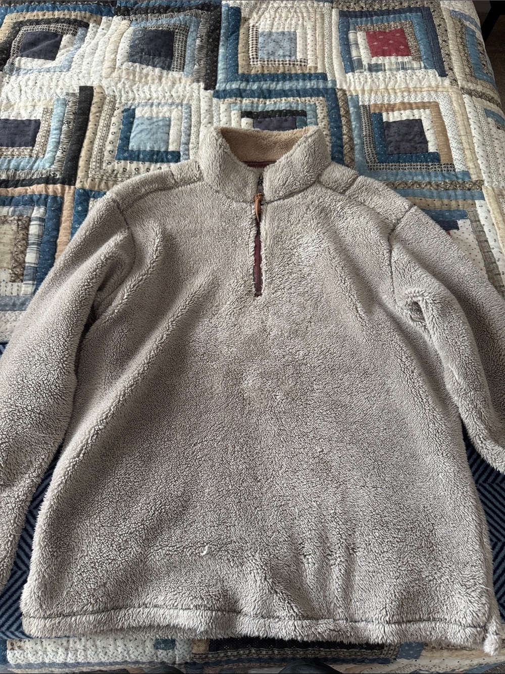 True Grit Men's Plush Quarter-Zip Pullover in Light Gray with Brown Trim